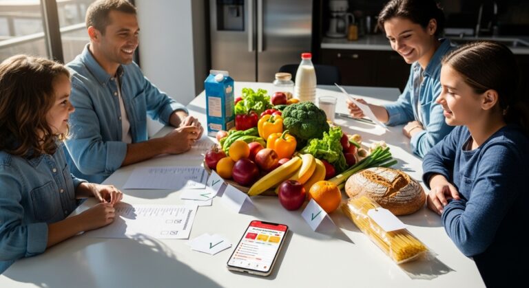 Família organizando lista de compras inteligente na cozinha