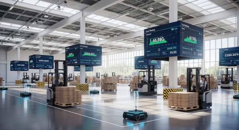 Interior de armazém moderno com robôs autônomos e empilhadeira elétrica