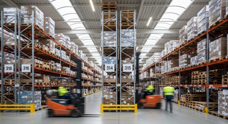 Interior de armazém moderno com layout enxuto, prateleiras organizadas e empilhadeiras em ação