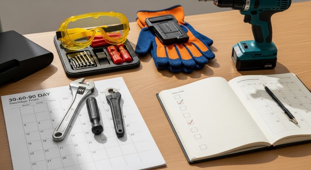 Mesa de home office com kit de manutenção preventiva e calendário de tarefas