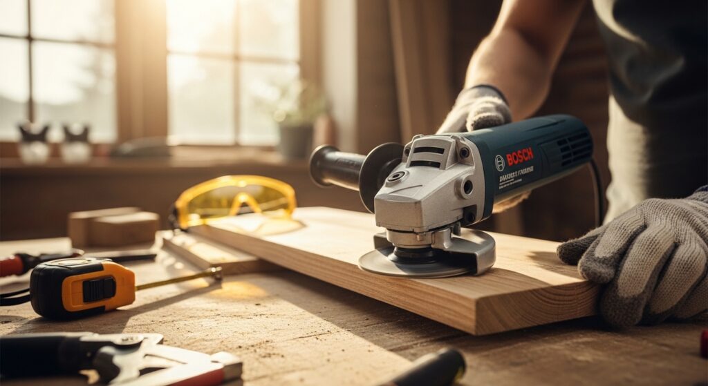 Esmerilhadeira Bosch em uso em oficina caseira lixando madeira
