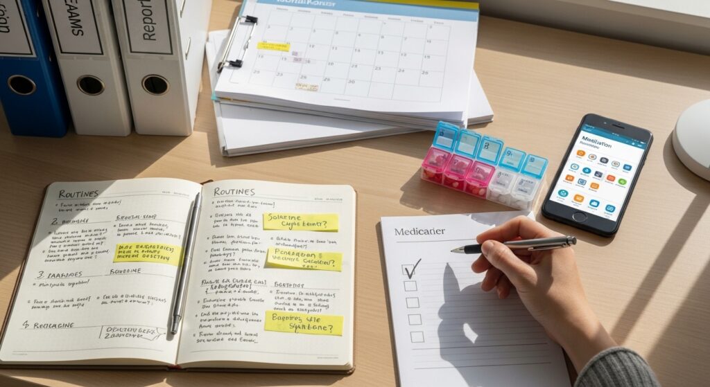 Mesa organizada com planner, documentos médicos, calendário e smartphone com lembrete de medicação