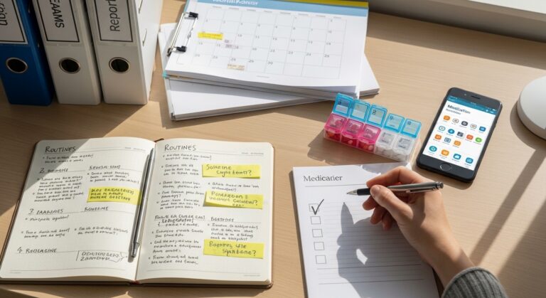Mesa organizada com planner, documentos médicos, calendário e smartphone com lembrete de medicação