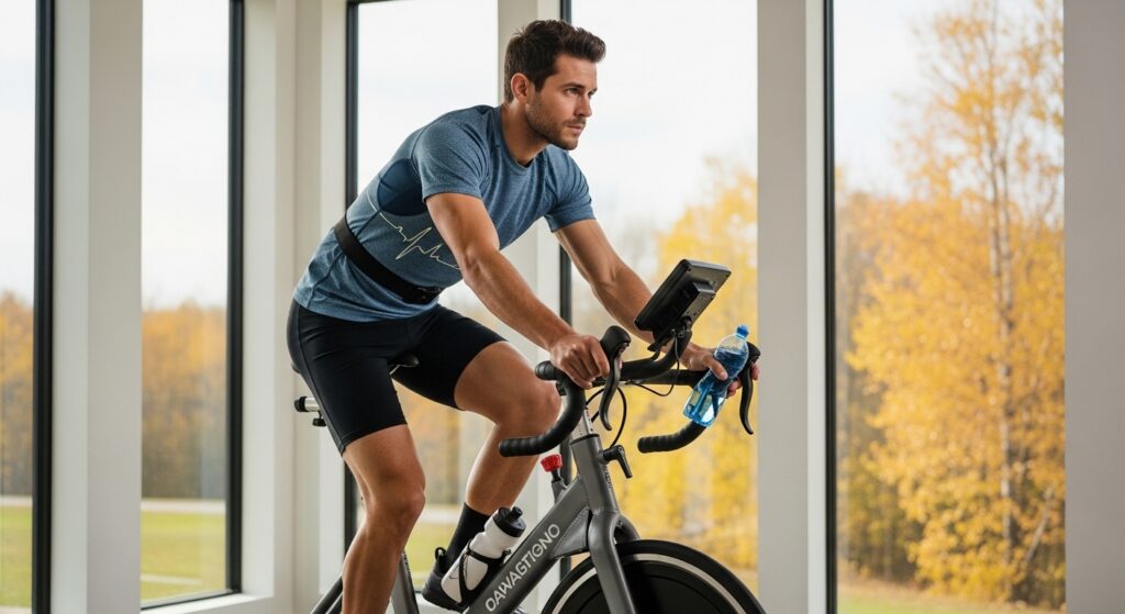 Pessoa fazendo spinning em casa com janela mostrando mudança de estações