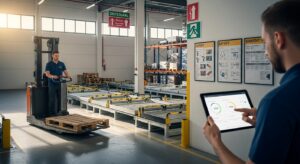 Operador de empilhadeira elétrica e profissional com tablet em armazém moderno