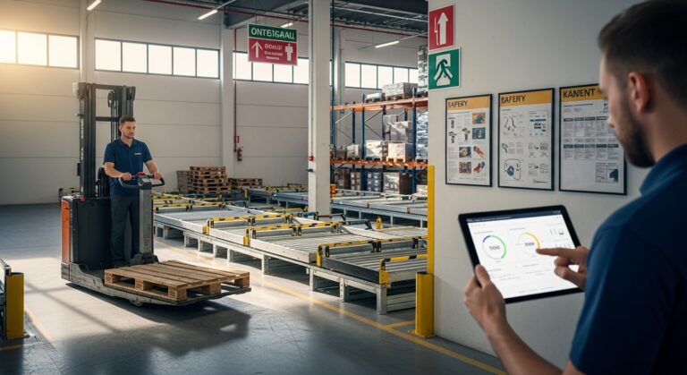 Operador de empilhadeira elétrica e profissional com tablet em armazém moderno