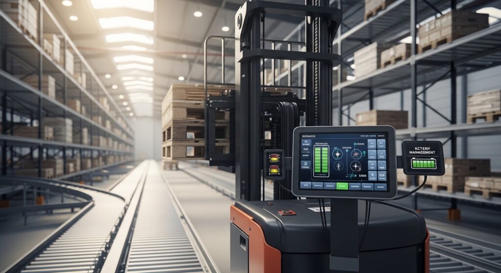 Empilhadeira elétrica com telemetria em centro de distribuição moderno