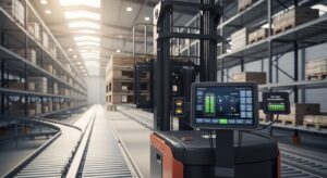 Empilhadeira elétrica com telemetria em centro de distribuição moderno