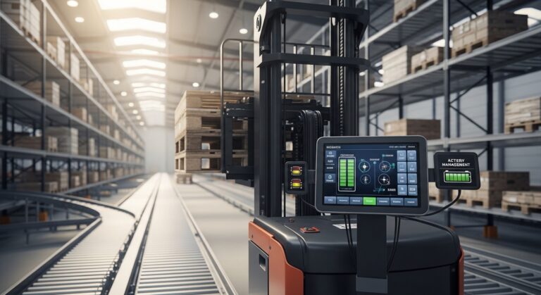 Empilhadeira elétrica com telemetria em centro de distribuição moderno