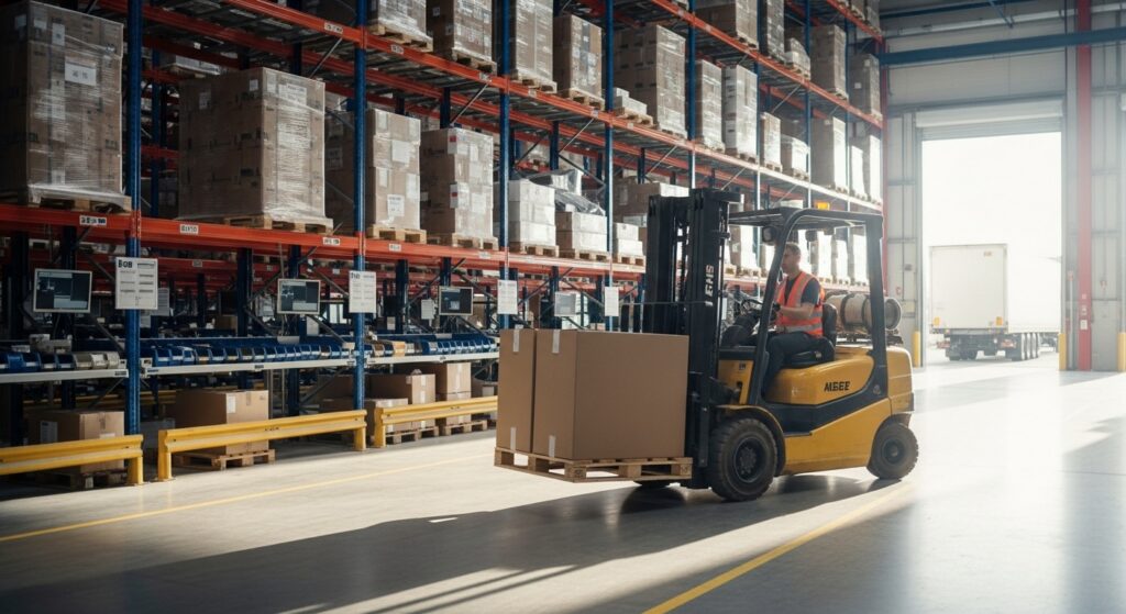 Empilhadeira em corredor de armazém organizado com linhas de fluxo