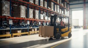 Empilhadeira em corredor de armazém organizado com linhas de fluxo