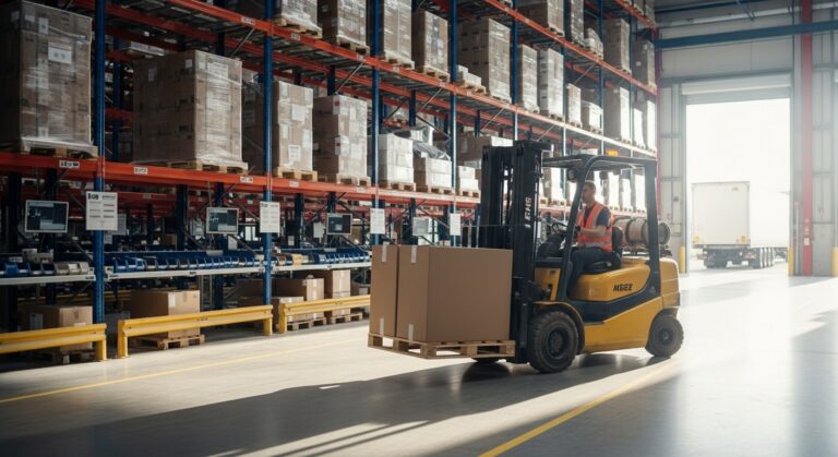 Empilhadeira em corredor de armazém organizado com linhas de fluxo