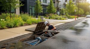 Rua moderna com pavimento permeável e jardim de chuva absorvendo água pluvial