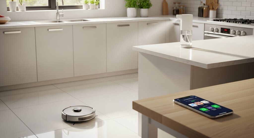 Robô aspirador e dispenser inteligente de limpeza em cozinha moderna