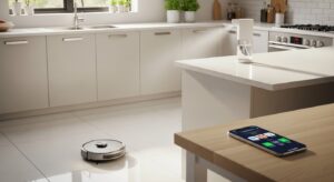 Robô aspirador e dispenser inteligente de limpeza em cozinha moderna