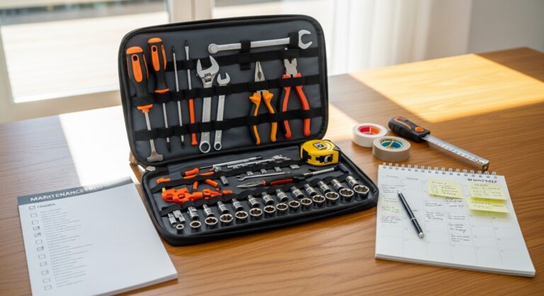 Bolsa de ferramentas organizada com checklist e planner para pequenos reparos em casa