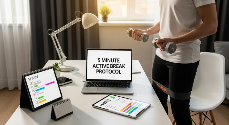 Pessoa fazendo pausa ativa no escritório com halteres e miniband