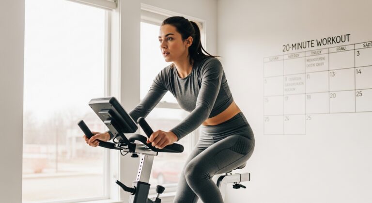 Mulher em treino de bike indoor com calendário de treinos ao fundo