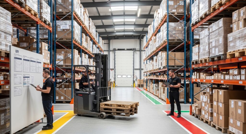 Empilhadeira em armazém organizado com rotas otimizadas