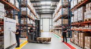 Empilhadeira em armazém organizado com rotas otimizadas