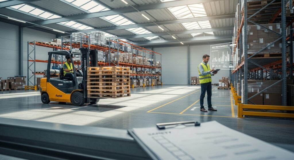 Operação enxuta de armazém com empilhadeira e equipe conferindo checklists