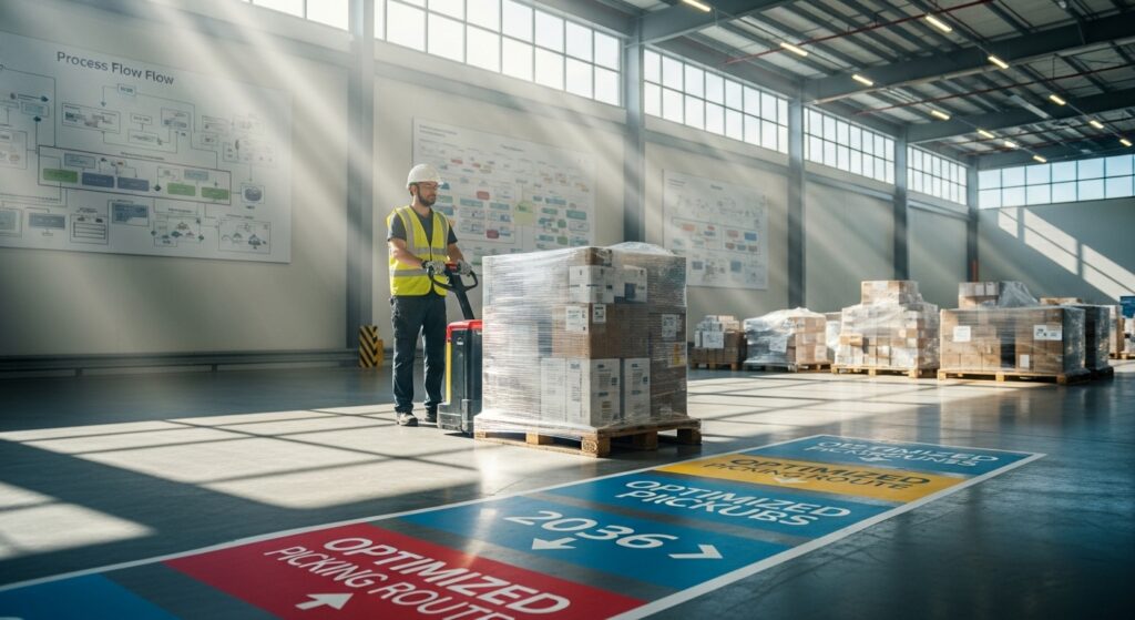 Operador usando paleteira elétrica em armazém organizado com rotas de picking