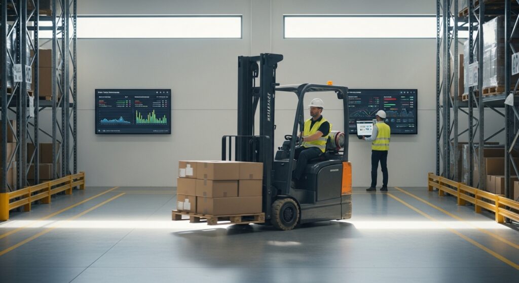 Operações enxutas em armazém com empilhadeira e monitor de KPIs