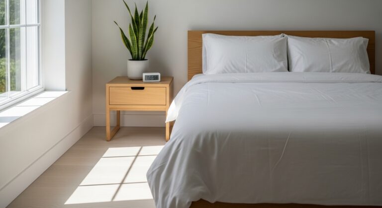 Quarto minimalista e iluminado à luz natural com cama de casal arrumada