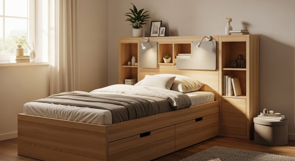 Quarto compacto com cama de solteiro e cabeceira multifuncional organizada