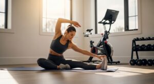 Mulher alongando no tapete ao lado de bicicleta ergométrica em sala iluminada