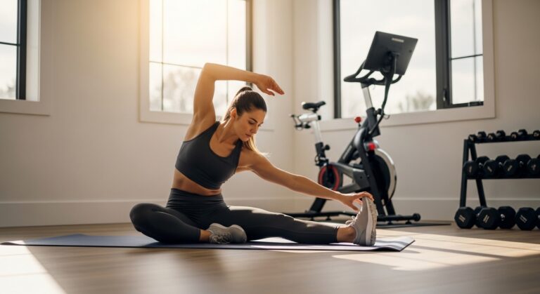 Mulher alongando no tapete ao lado de bicicleta ergométrica em sala iluminada