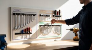 Painel de ferramentas organizado com códigos de cores em oficina bem iluminada