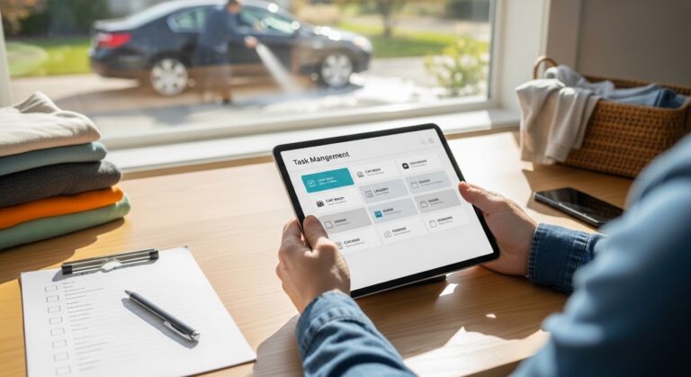 Pessoa planejando terceirização de tarefas diárias em tablet