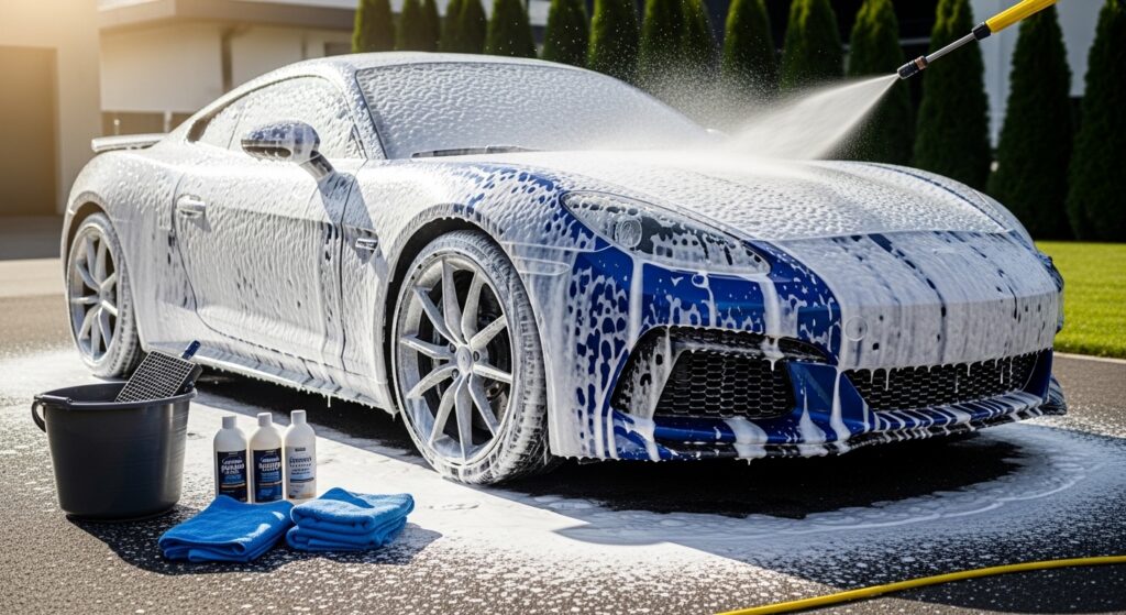 Carro coberto de snow foam durante pré-lavagem em rotina eficiente