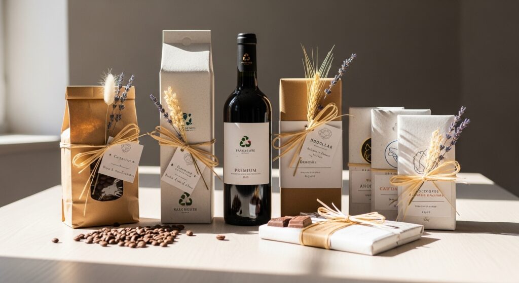 Cena de presentes sustentáveis com vinho e café especial sobre mesa de madeira