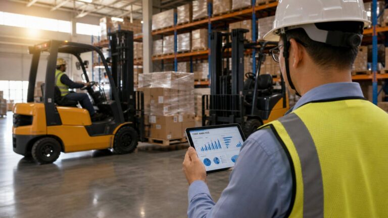 Gerente de logística usando tablet ao lado de empilhadeiras em galpão moderno