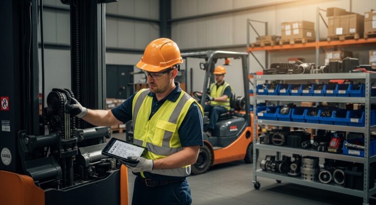 Técnico inspecionando empilhadeira em galpão logístico