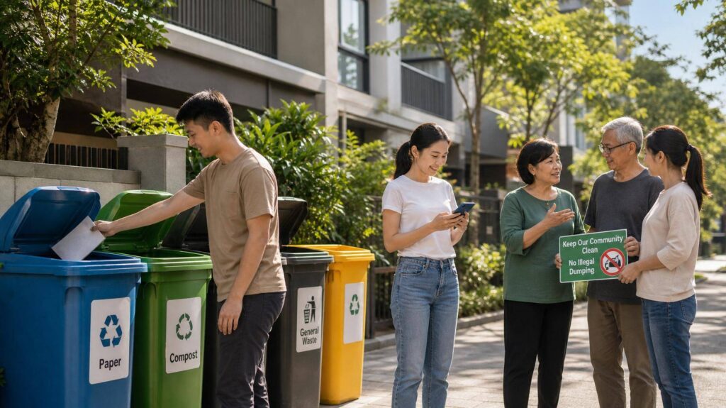 Moradores separando lixo em contêineres de reciclagem em rua limpa
