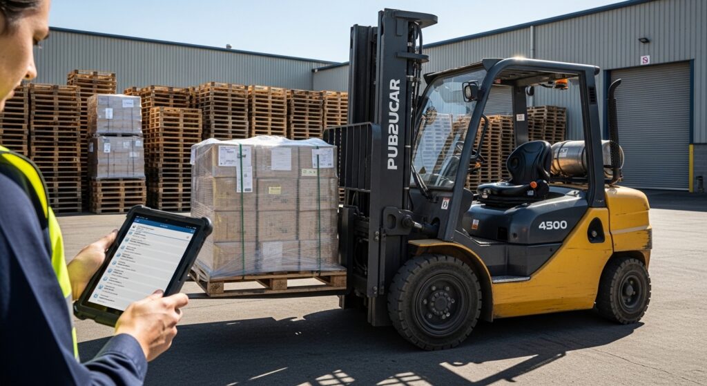 Empilhadeira alugada em pátio industrial com gestor usando tablet