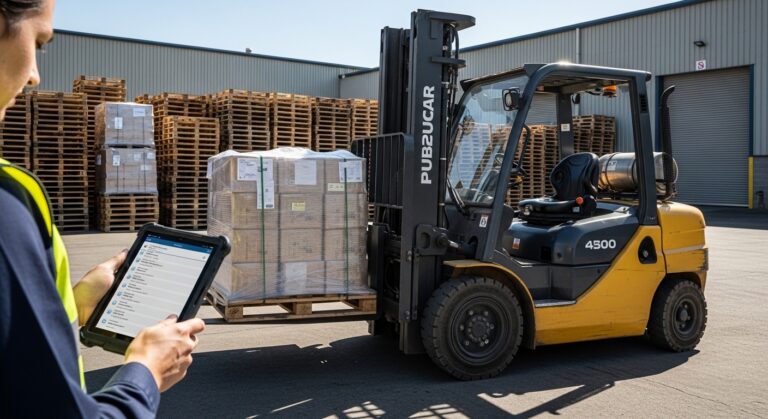 Empilhadeira alugada em pátio industrial com gestor usando tablet