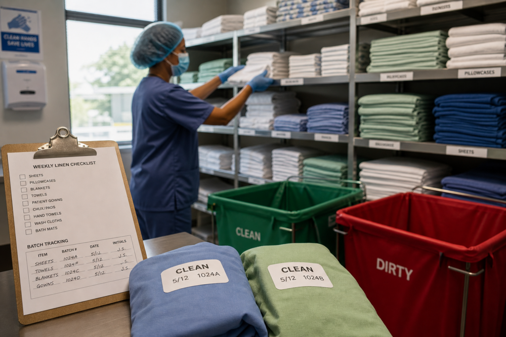 Colaborador hospitalar padronizando higienização e reposição de lençóis