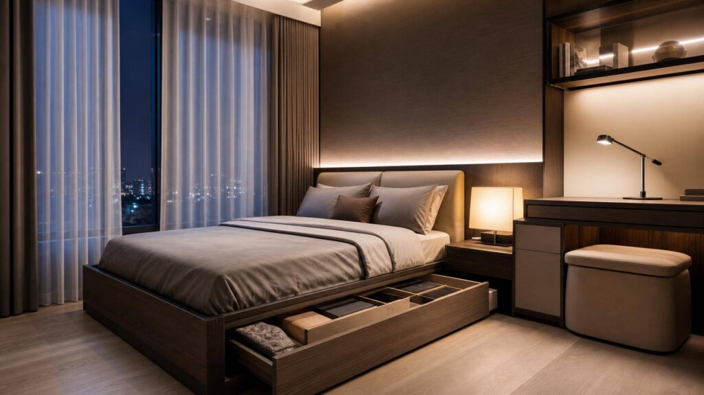 Quarto minimalista organizado à noite com cama box aberta e iluminação suave