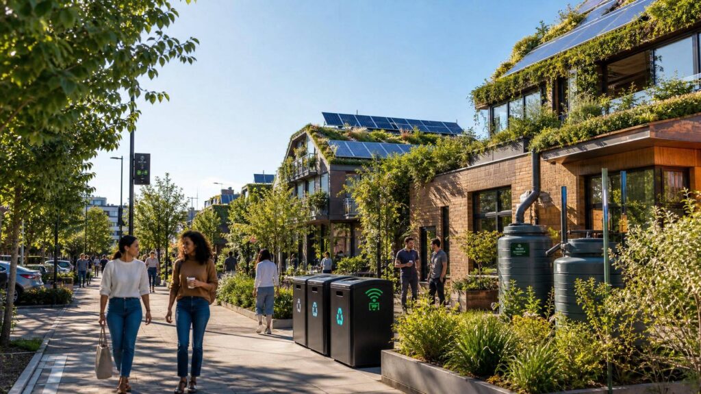 Cidade sustentável com jardins urbanos e energia solar