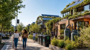 Cidade sustentável com jardins urbanos e energia solar