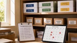 Estantes organizadas com caixas etiquetadas e checklist de controle de estoque