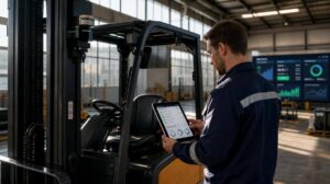 Técnico faz manutenção preditiva em empilhadeira com tablet em galpão