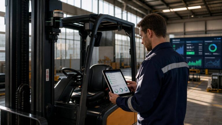 Técnico faz manutenção preditiva em empilhadeira com tablet em galpão