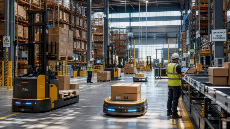 Interior de centro de distribuição moderno com empilhadeiras elétricas e AGVs em operação