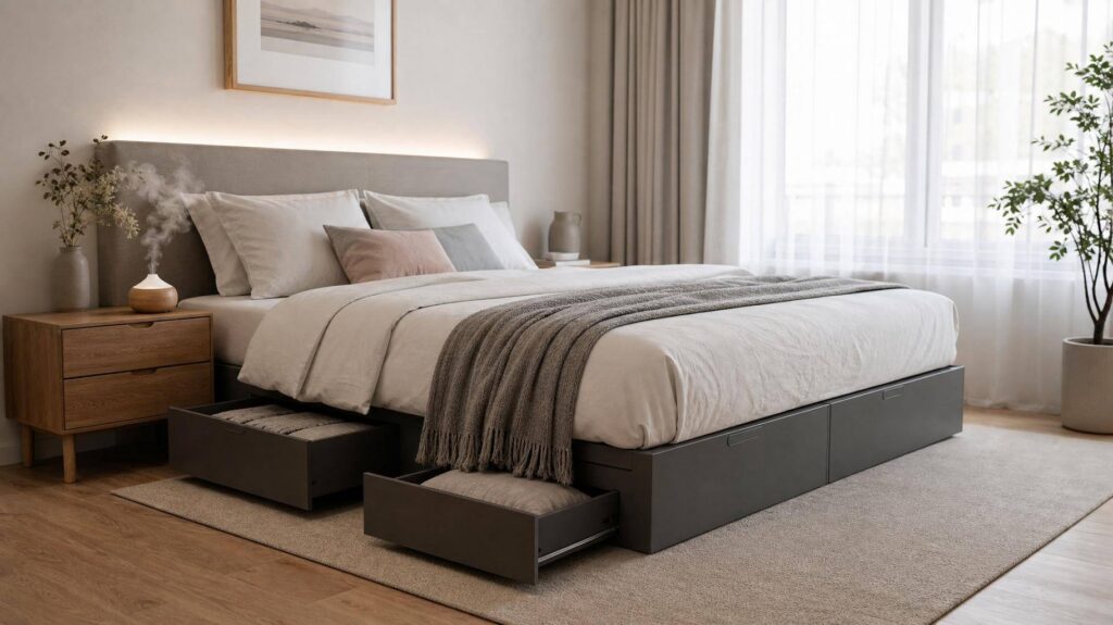 Quarto minimalista com cama box e iluminação natural