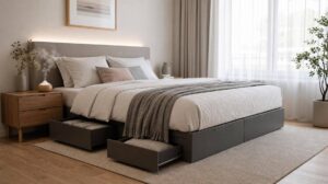 Quarto minimalista com cama box e iluminação natural